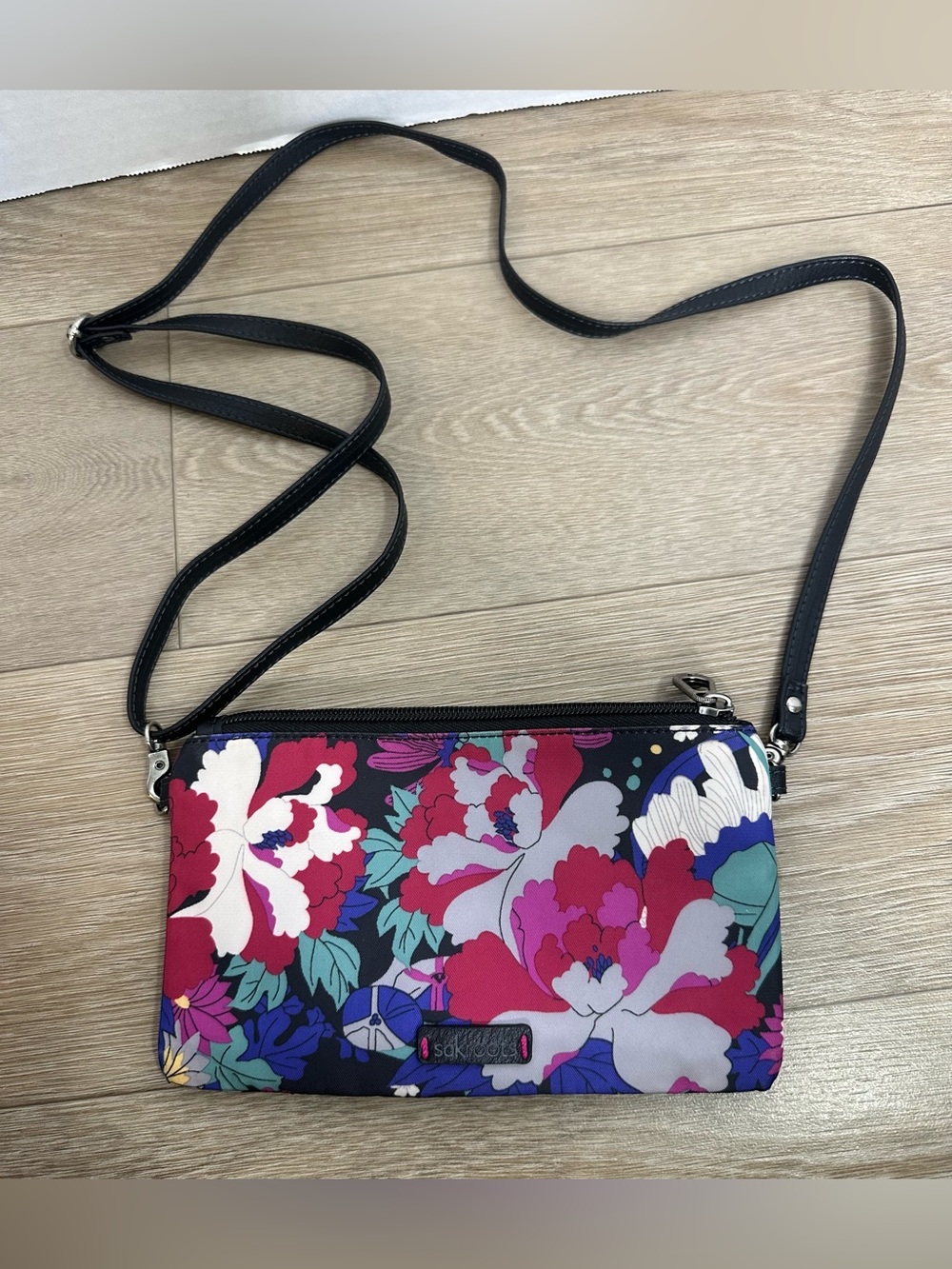 Sakroots Floral Crossbody Wristlet Bag - Black with Pink & Purple Flowers NWOT